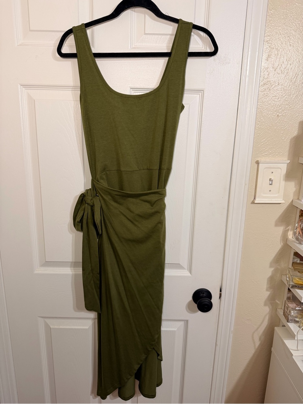 Sleeveless Olive Green Asymmetrical Wrap Dress with Side Tie
